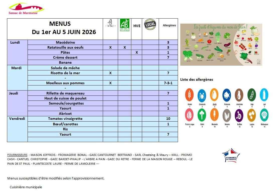 MENUS DU 1 AU 5 JUIN 2026