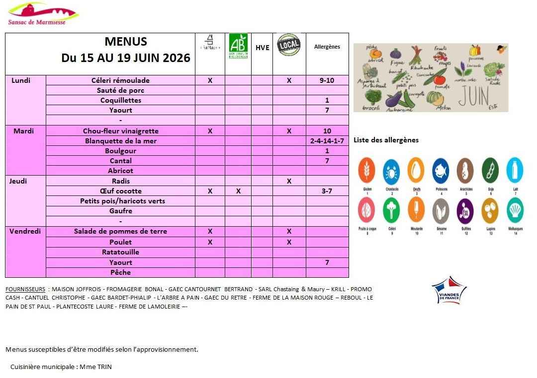 MENUS DU 15 AU 19 JUIN 2026