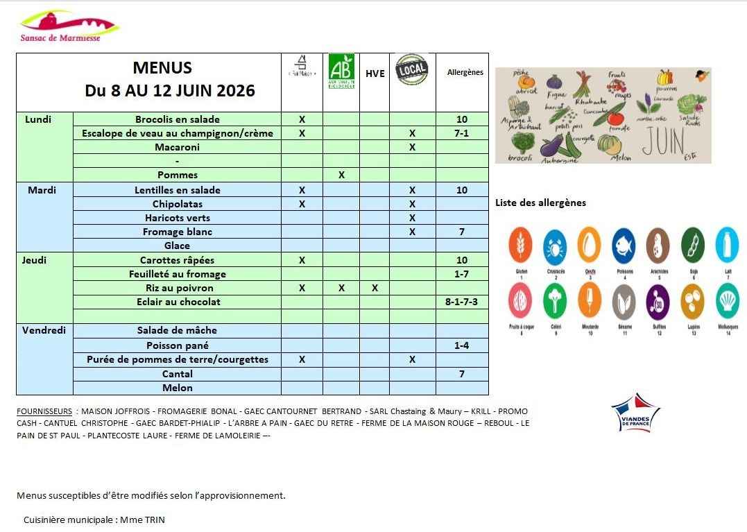 MENUS DU 8 AU 12 JUIN 2026