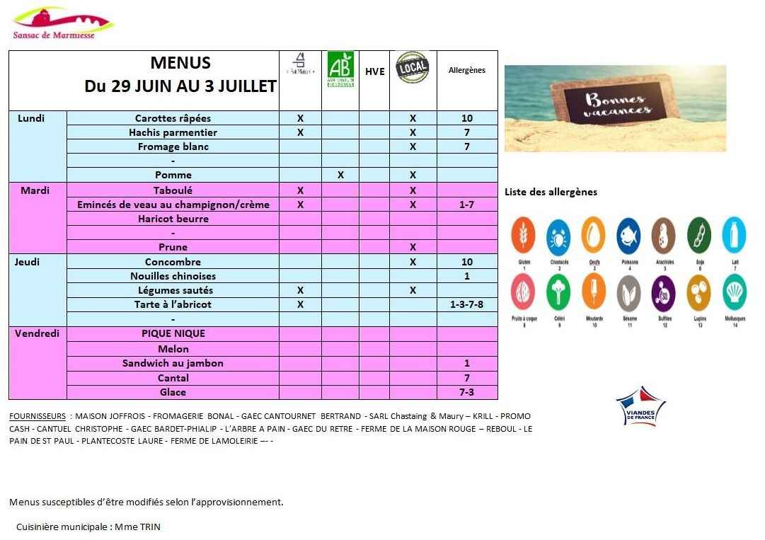 MENUS DU 29 JUIN au 3 JUILLET 2026