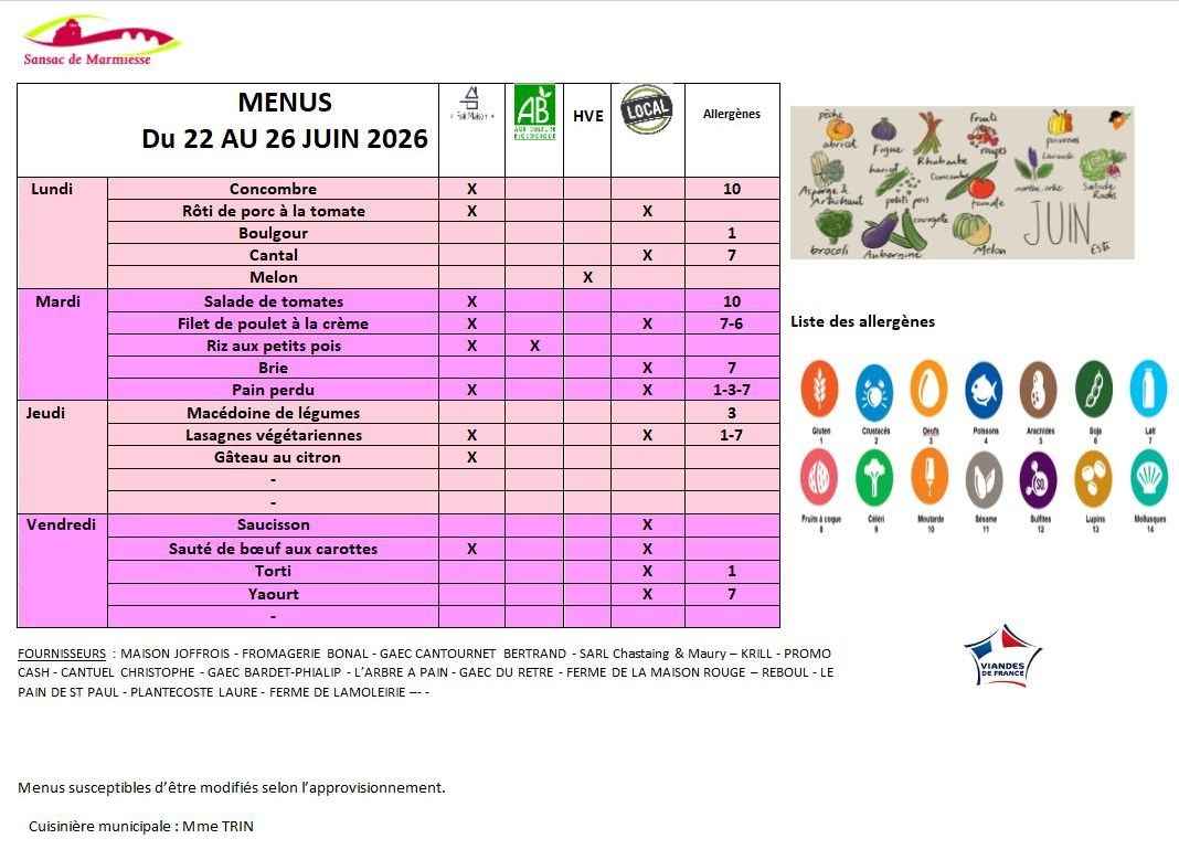 MENUS DU 22 AU 26 JUIN 2026
