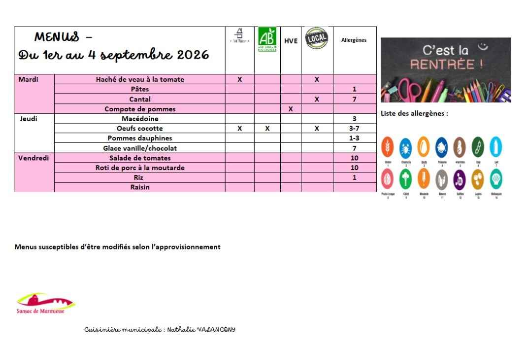 MENUS DU 1 AU 4 SEPTEMBRE 2026