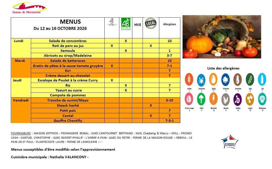 MENUS DU 12 au 16 OCTOBRE 2026