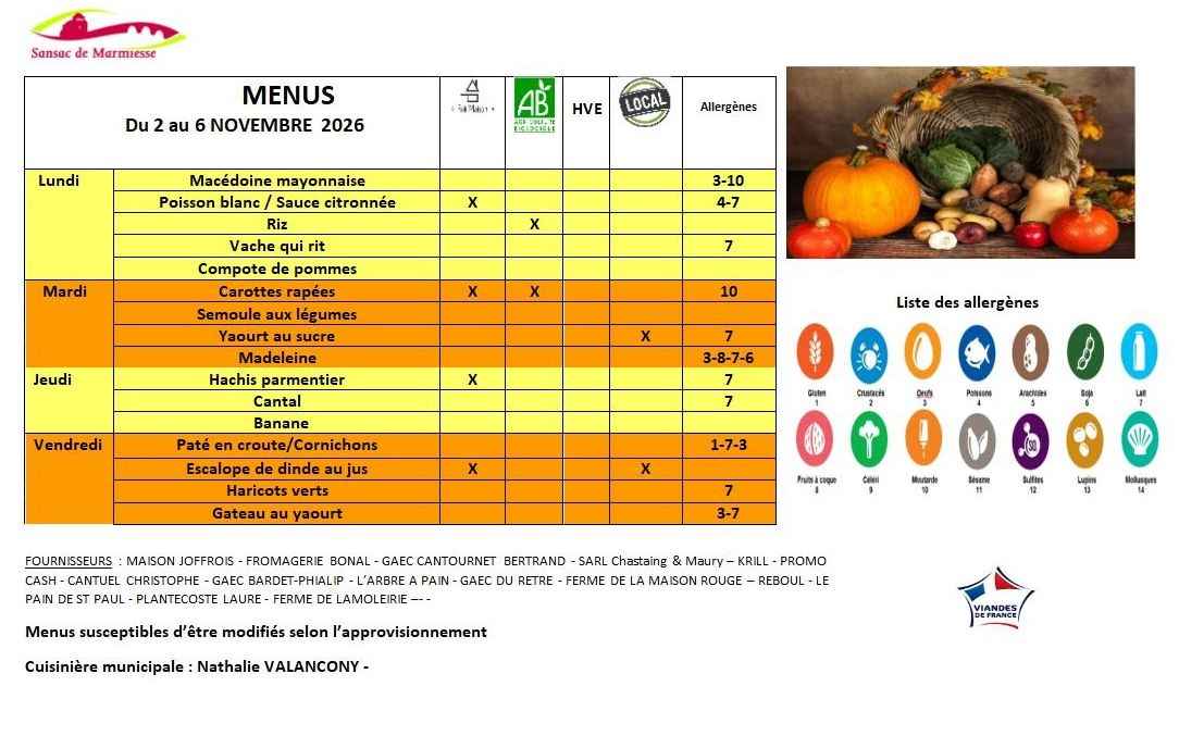 MENUS DU 2 au 6 NOVEMBRE 2026
